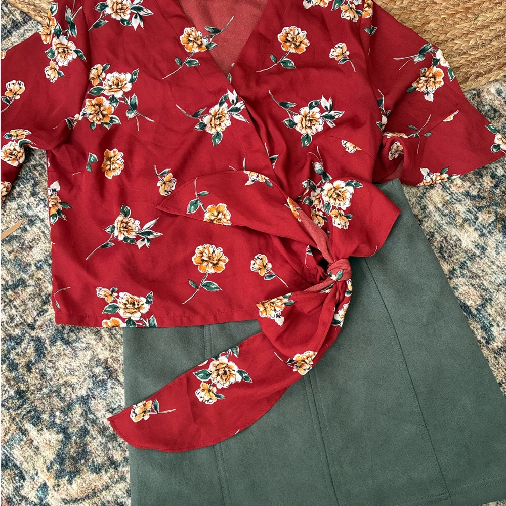 Lush Red Floral Wrap Blouse